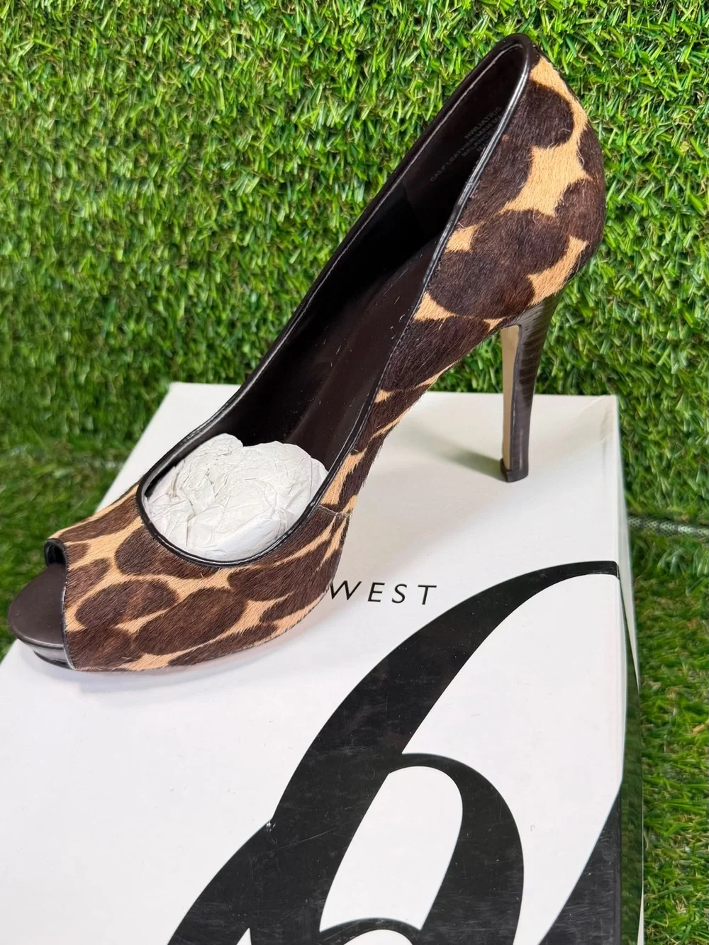 Nine West Liattris Leopard Giraffe Calf Hair Peep Toe Pumps Heels Shoes Box 6.5M